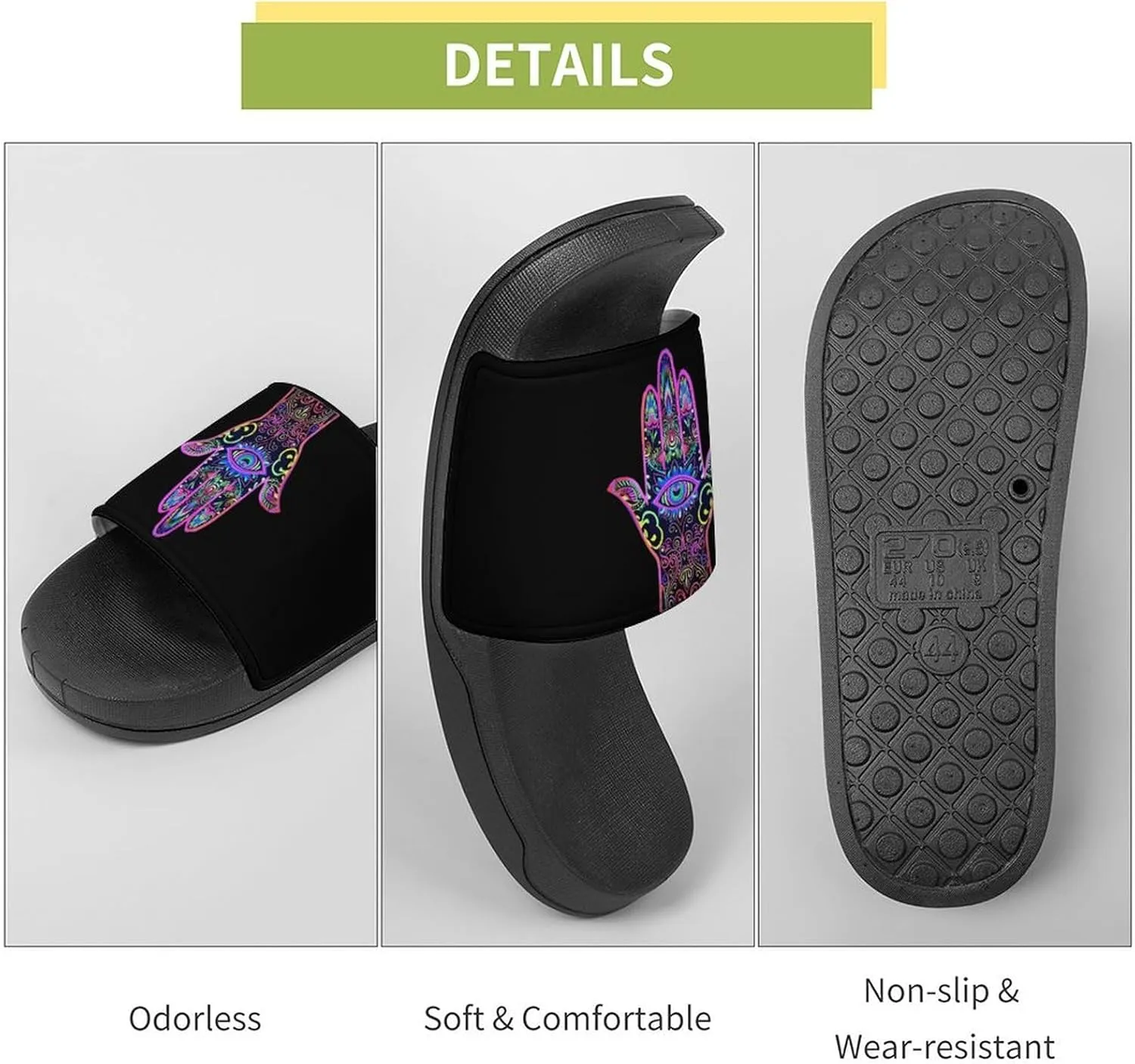 Blacklight Hamsa Hand Evil Eye Bohemian House Sandals Non Slip Slippers Quick Drying Bathroom Shower Shoes for Women Men