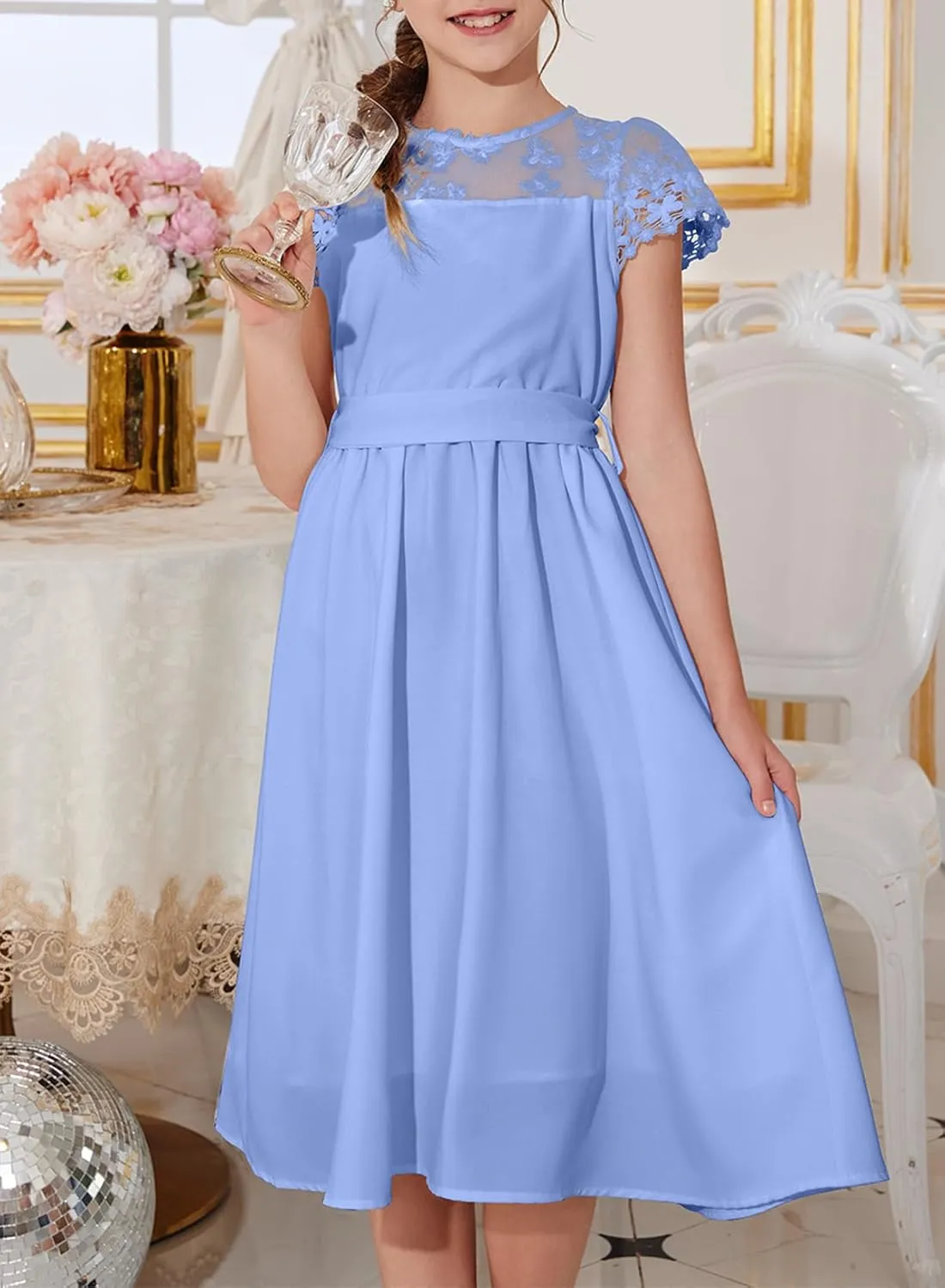 blibean Girls Summer Flower Dresses Semi Formal Lace Wedding Dress Size 6-15 Years