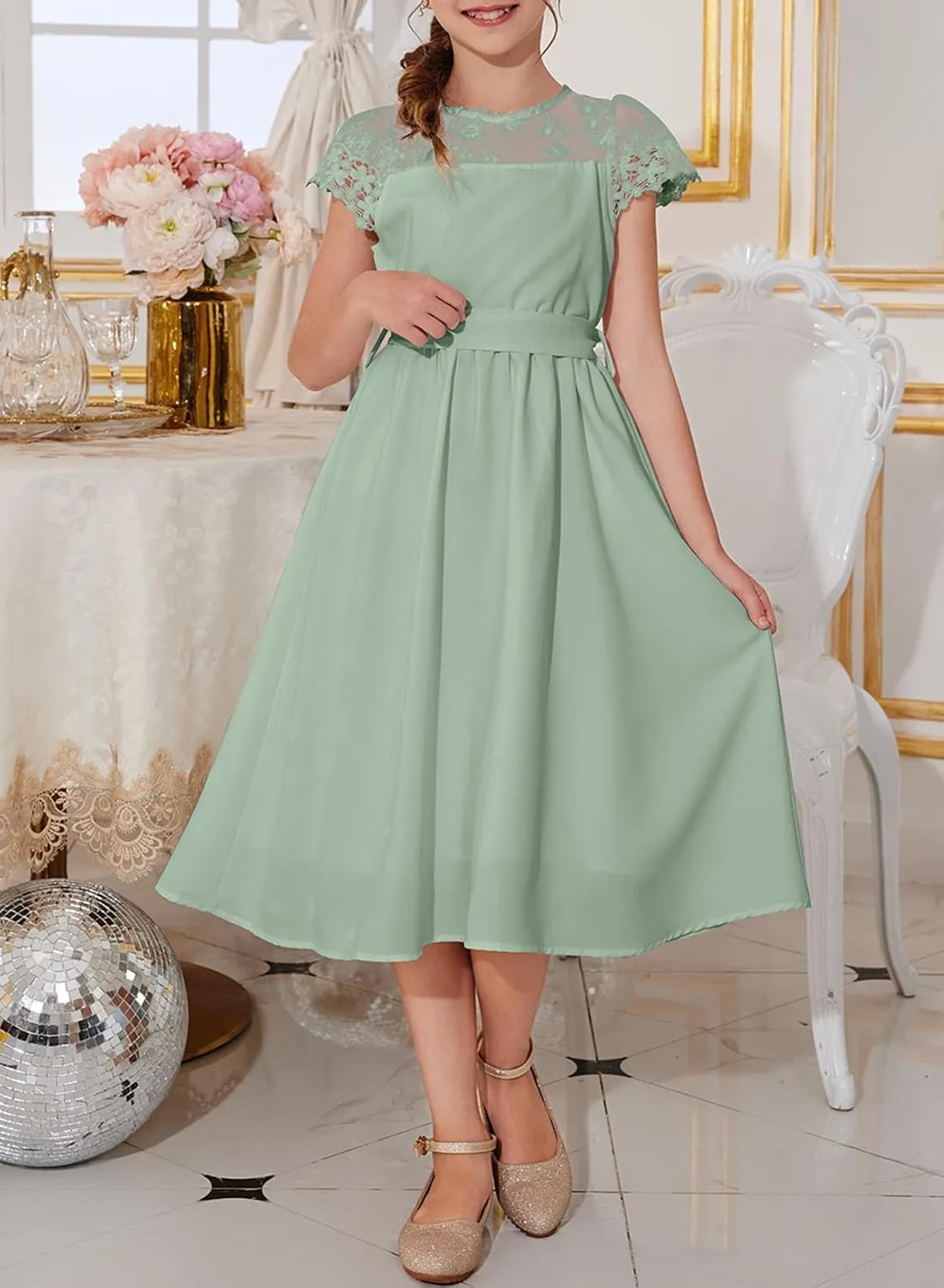 blibean Girls Summer Flower Dresses Semi Formal Lace Wedding Dress Size 6-15 Years