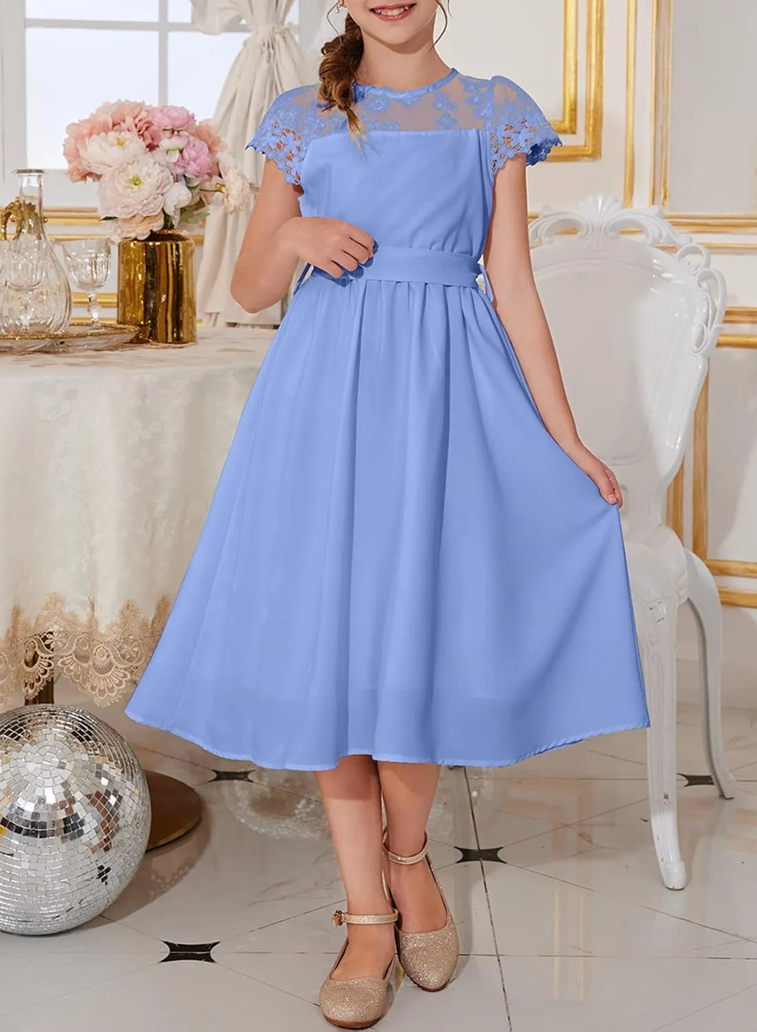 blibean Girls Summer Flower Dresses Semi Formal Lace Wedding Dress Size 6-15 Years
