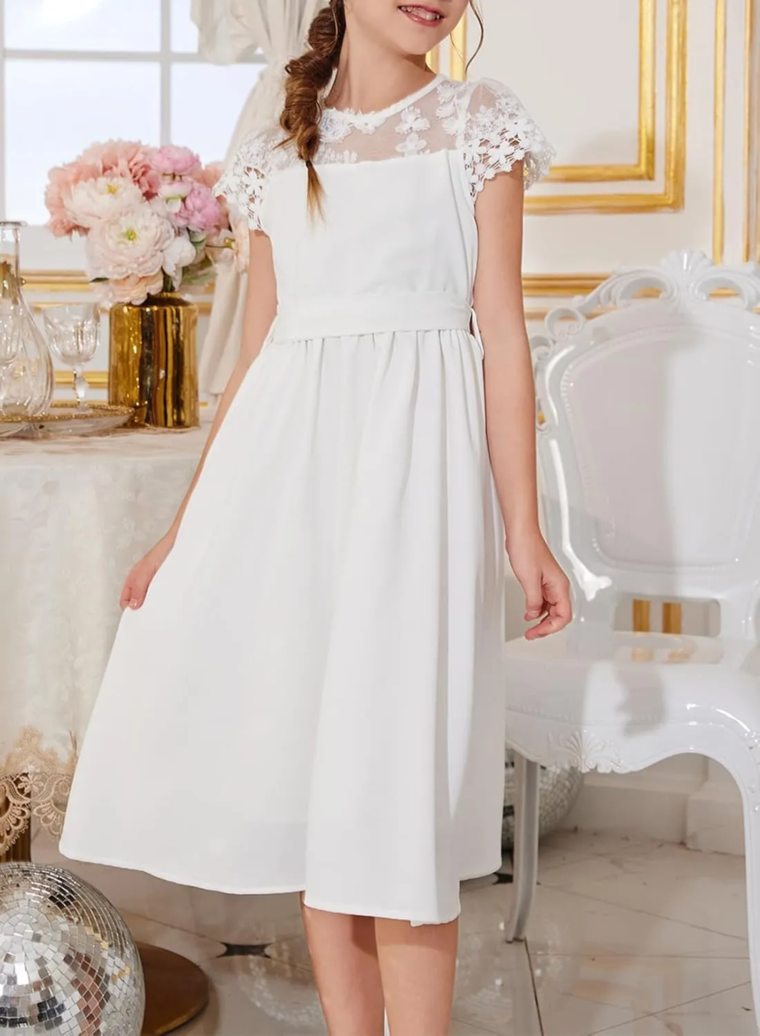 blibean Girls Summer Flower Dresses Semi Formal Lace Wedding Dress Size 6-15 Years