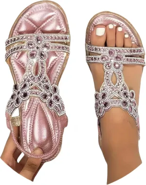 Boho Sandals For Women,Women's Flat Sandals Dressy Summer, Comfortable Rhinestone Beaded Sandal Strappy Ankle Strap Elastic T-Strap Dress Thong Beach Shoes Flip Flops Sparkling Jeweled Flats