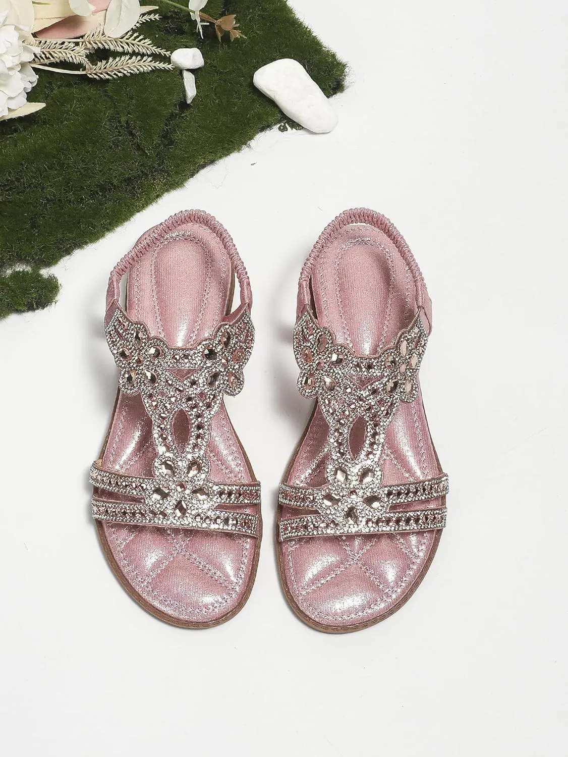 Boho Sandals For Women,Women's Flat Sandals Dressy Summer, Comfortable Rhinestone Beaded Sandal Strappy Ankle Strap Elastic T-Strap Dress Thong Beach Shoes Flip Flops Sparkling Jeweled Flats