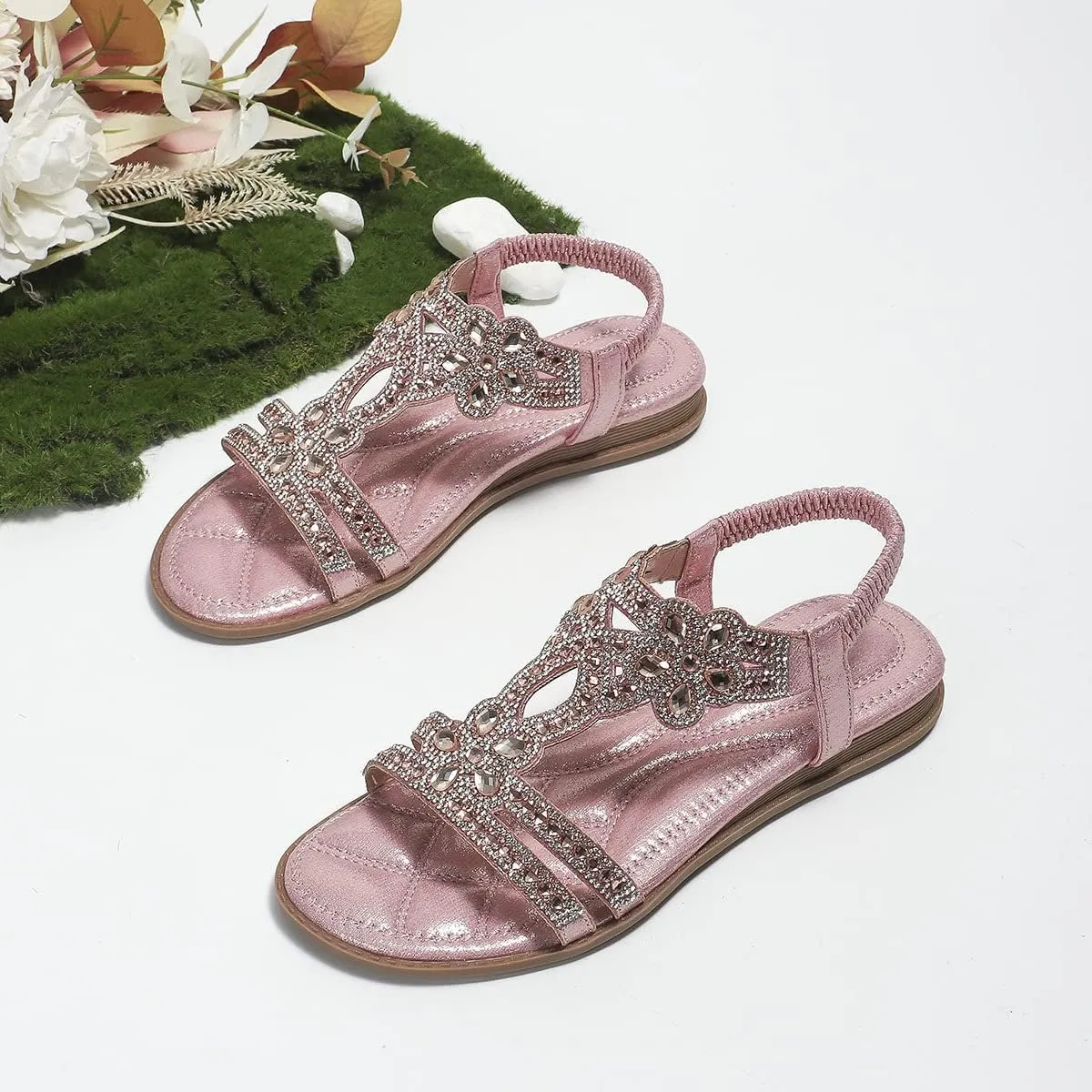 Boho Sandals For Women,Women's Flat Sandals Dressy Summer, Comfortable Rhinestone Beaded Sandal Strappy Ankle Strap Elastic T-Strap Dress Thong Beach Shoes Flip Flops Sparkling Jeweled Flats