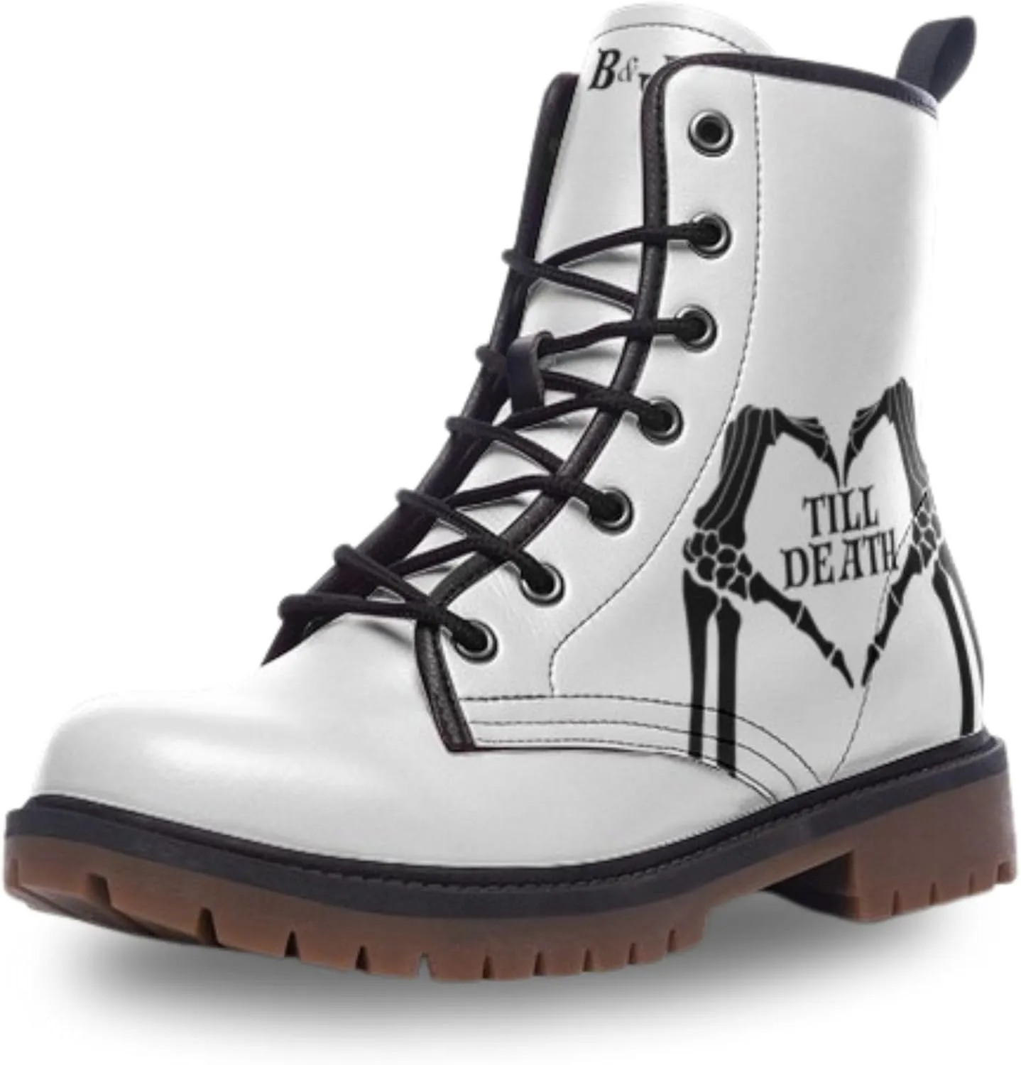 Bride Boots White Till Death Design Gothic Wedding Combat Boots, Lace-up Bridal Boots for Wedding, Couple's Photos and Honeymoon