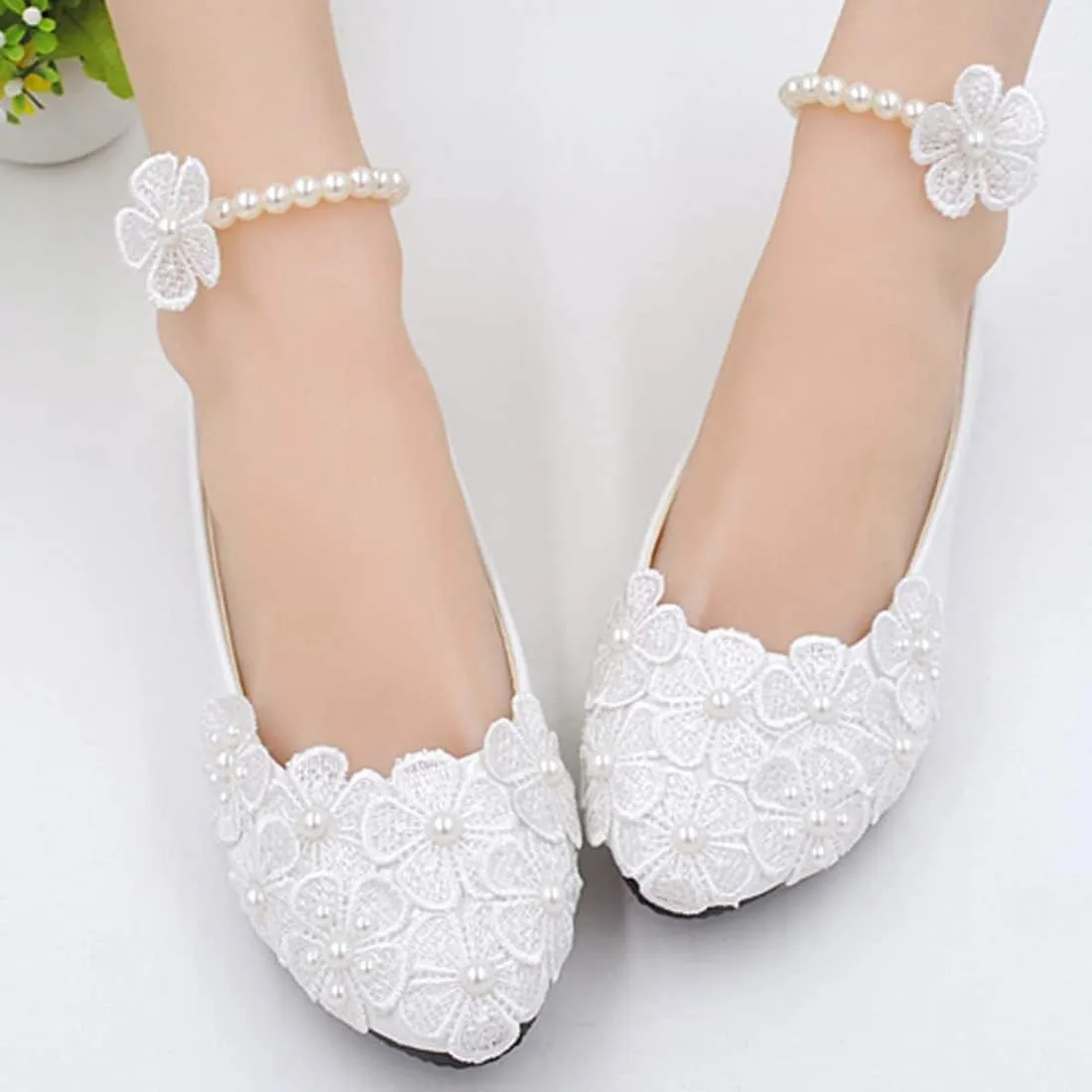 Bride Flats Shoes Lace Flowers Bridal Wedding Shoes Ankle Pearl Beads Wedding Shoes Princess Ballet Flats