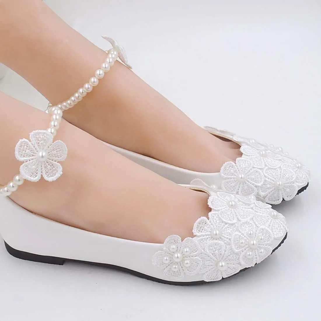Bride Flats Shoes Lace Flowers Bridal Wedding Shoes Ankle Pearl Beads Wedding Shoes Princess Ballet Flats