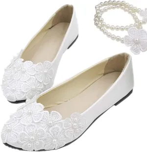 Bride Flats Shoes Lace Flowers Bridal Wedding Shoes Ankle Pearl Beads Wedding Shoes Princess Ballet Flats