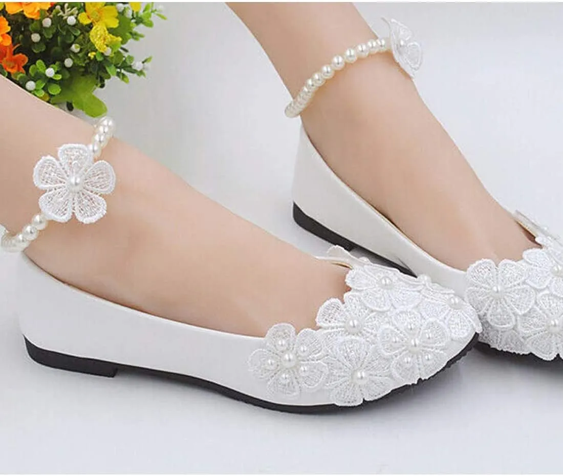 Bride Flats Shoes Lace Flowers Bridal Wedding Shoes Ankle Pearl Beads Wedding Shoes Princess Ballet Flats