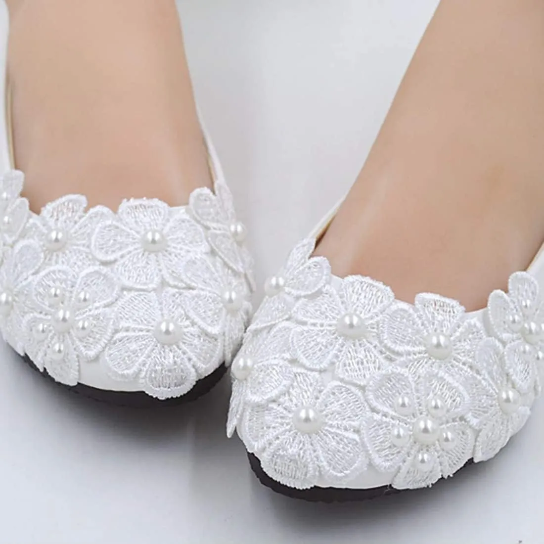Bride Flats Shoes Lace Flowers Bridal Wedding Shoes Ankle Pearl Beads Wedding Shoes Princess Ballet Flats