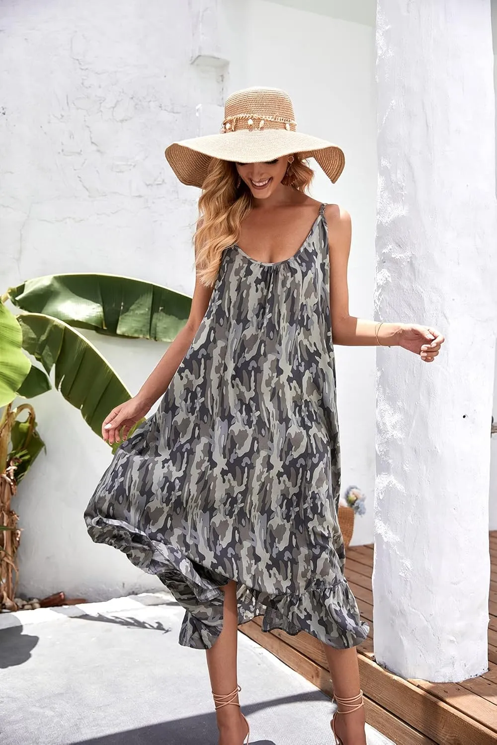 BUENOS NINOS Women's V Neck Floral Maxi Dress Boho Printed Adjustable Spaghetti Strap Ethnic Beach Long Dress with Pockets