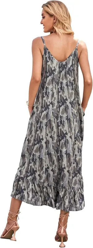 BUENOS NINOS Women's V Neck Floral Maxi Dress Boho Printed Adjustable Spaghetti Strap Ethnic Beach Long Dress with Pockets