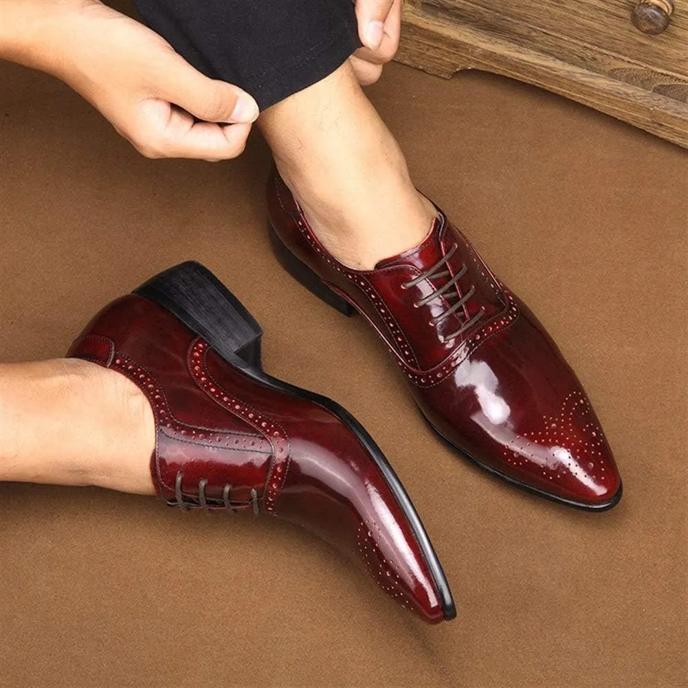 Business Oxford for Men Formal Shoes Lace Up StyleGenuine Leather Patent Leather Carving Pointed Toe Flats Block Heel Solid Colors