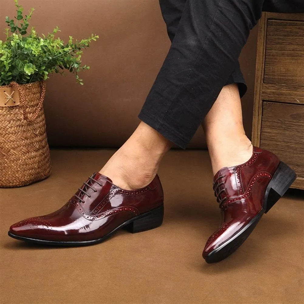 Business Oxford for Men Formal Shoes Lace Up StyleGenuine Leather Patent Leather Carving Pointed Toe Flats Block Heel Solid Colors