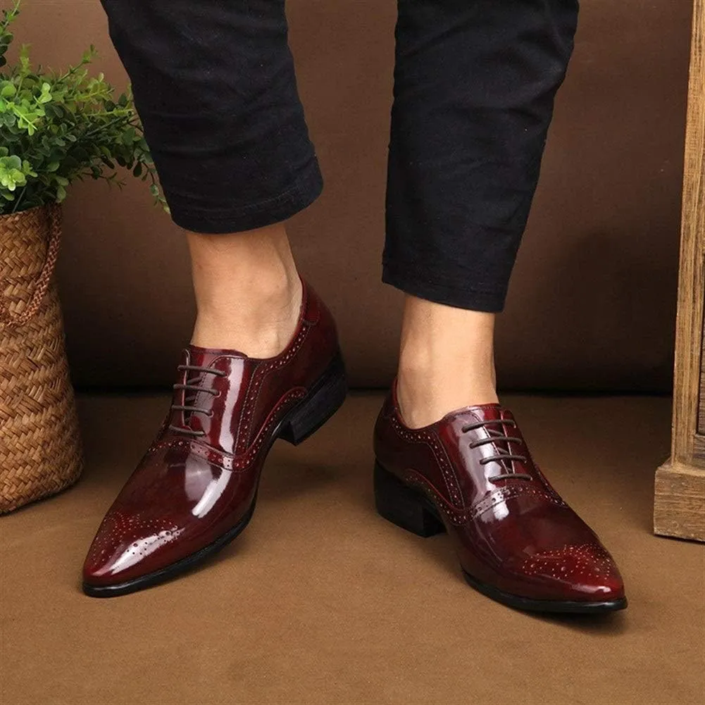 Business Oxford for Men Formal Shoes Lace Up StyleGenuine Leather Patent Leather Carving Pointed Toe Flats Block Heel Solid Colors