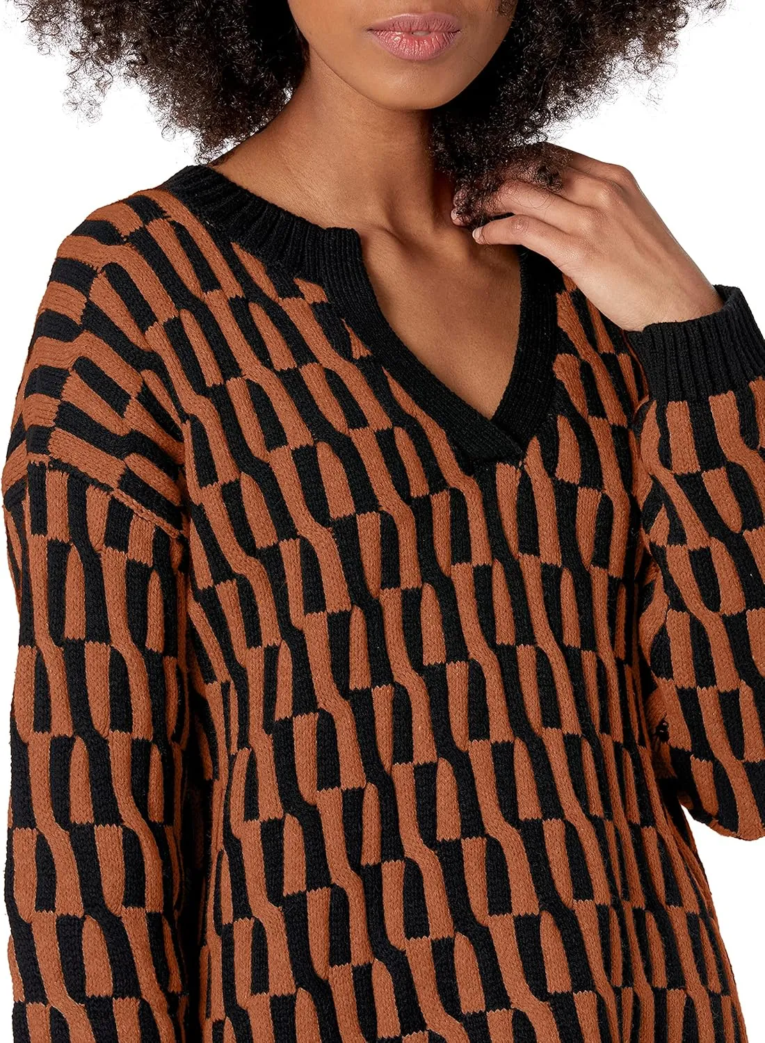 Cable Stitch Women's Geometric Jacquard Pattern Sweater - V-Neck Long Sleeve Novelty Pullover Top
