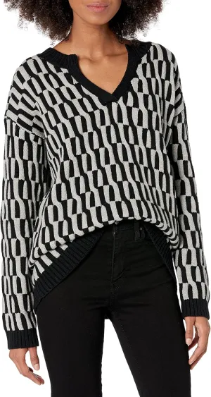 Cable Stitch Women's Geometric Jacquard Pattern Sweater - V-Neck Long Sleeve Novelty Pullover Top