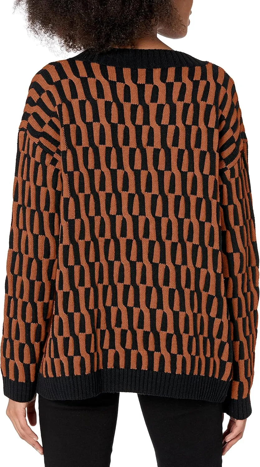 Cable Stitch Women's Geometric Jacquard Pattern Sweater - V-Neck Long Sleeve Novelty Pullover Top