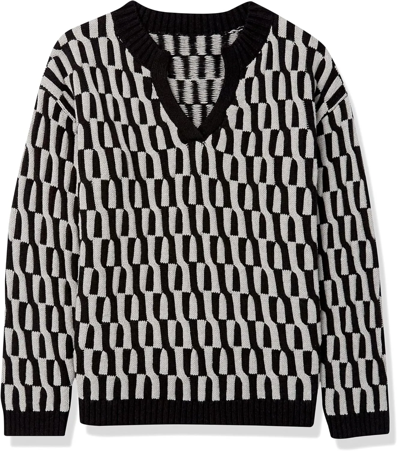 Cable Stitch Women's Geometric Jacquard Pattern Sweater - V-Neck Long Sleeve Novelty Pullover Top