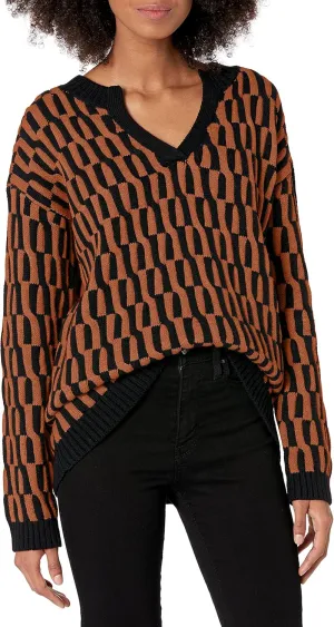 Cable Stitch Women's Geometric Jacquard Pattern Sweater - V-Neck Long Sleeve Novelty Pullover Top