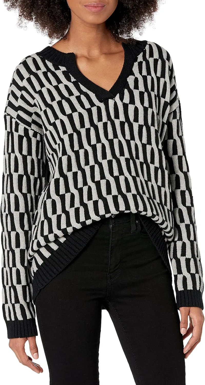 Cable Stitch Women's Geometric Jacquard Pattern Sweater - V-Neck Long Sleeve Novelty Pullover Top