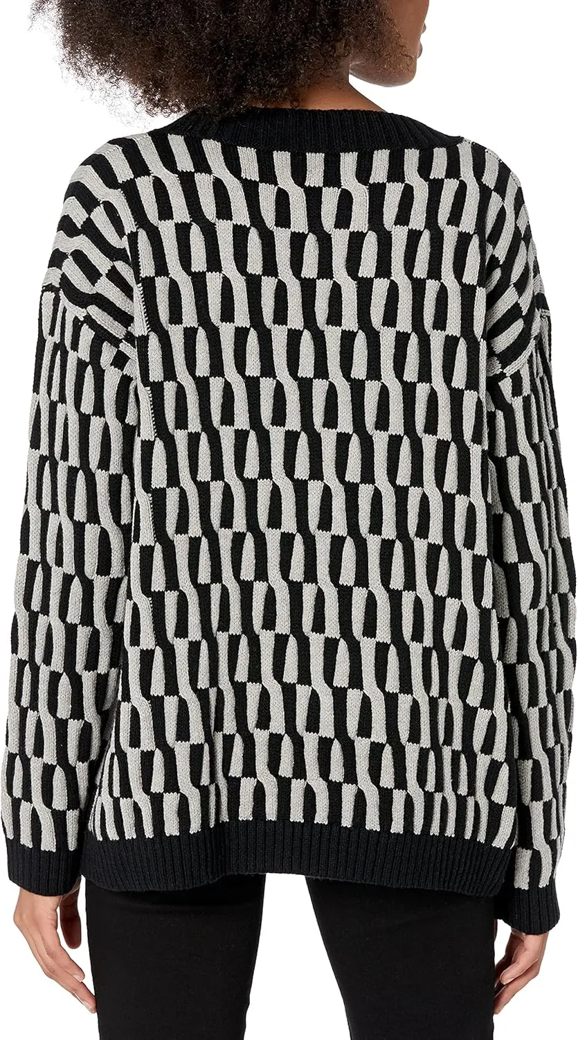 Cable Stitch Women's Geometric Jacquard Pattern Sweater - V-Neck Long Sleeve Novelty Pullover Top