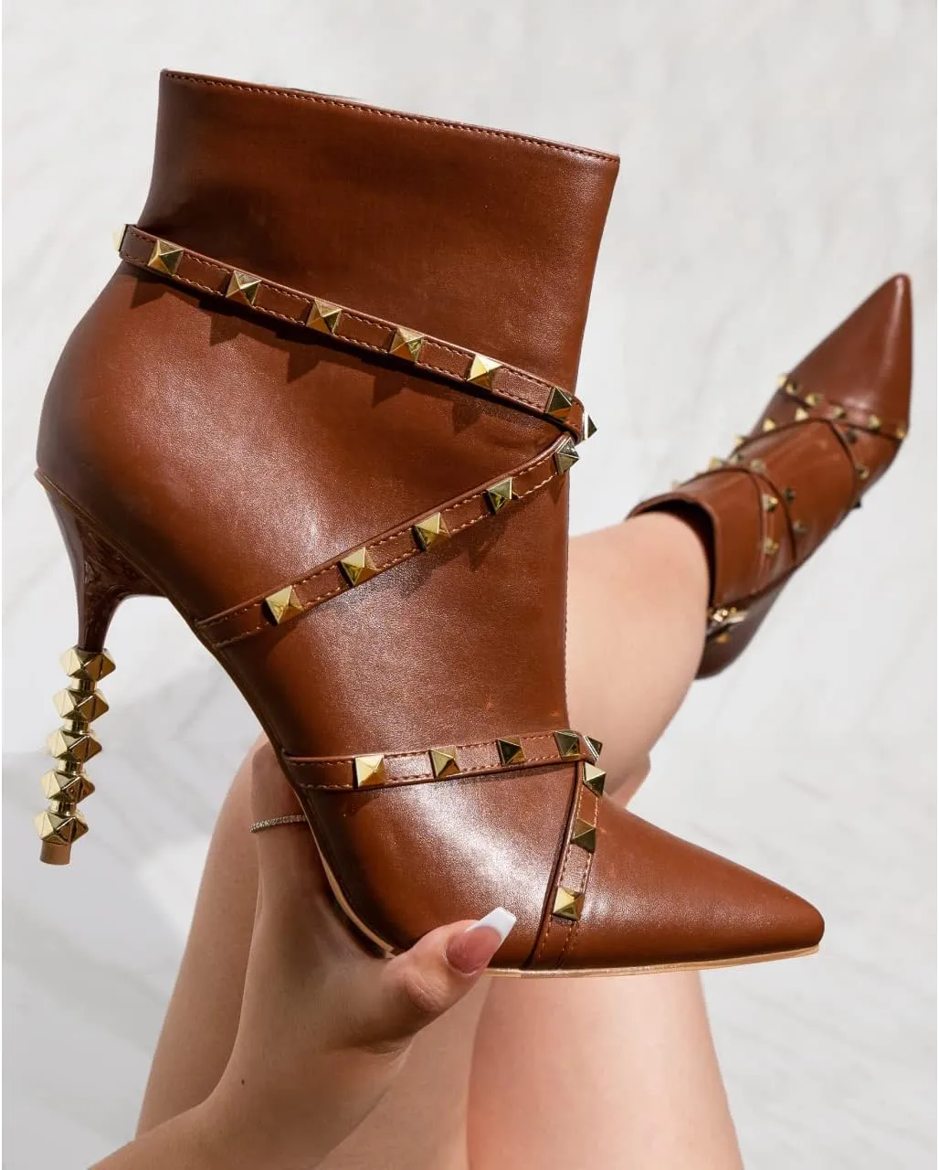 Cape Robbin Ines Sexy Stiletto Sculpted High Heels Booties for Women, Pointed Toe Ankle Booties with Gold Studs