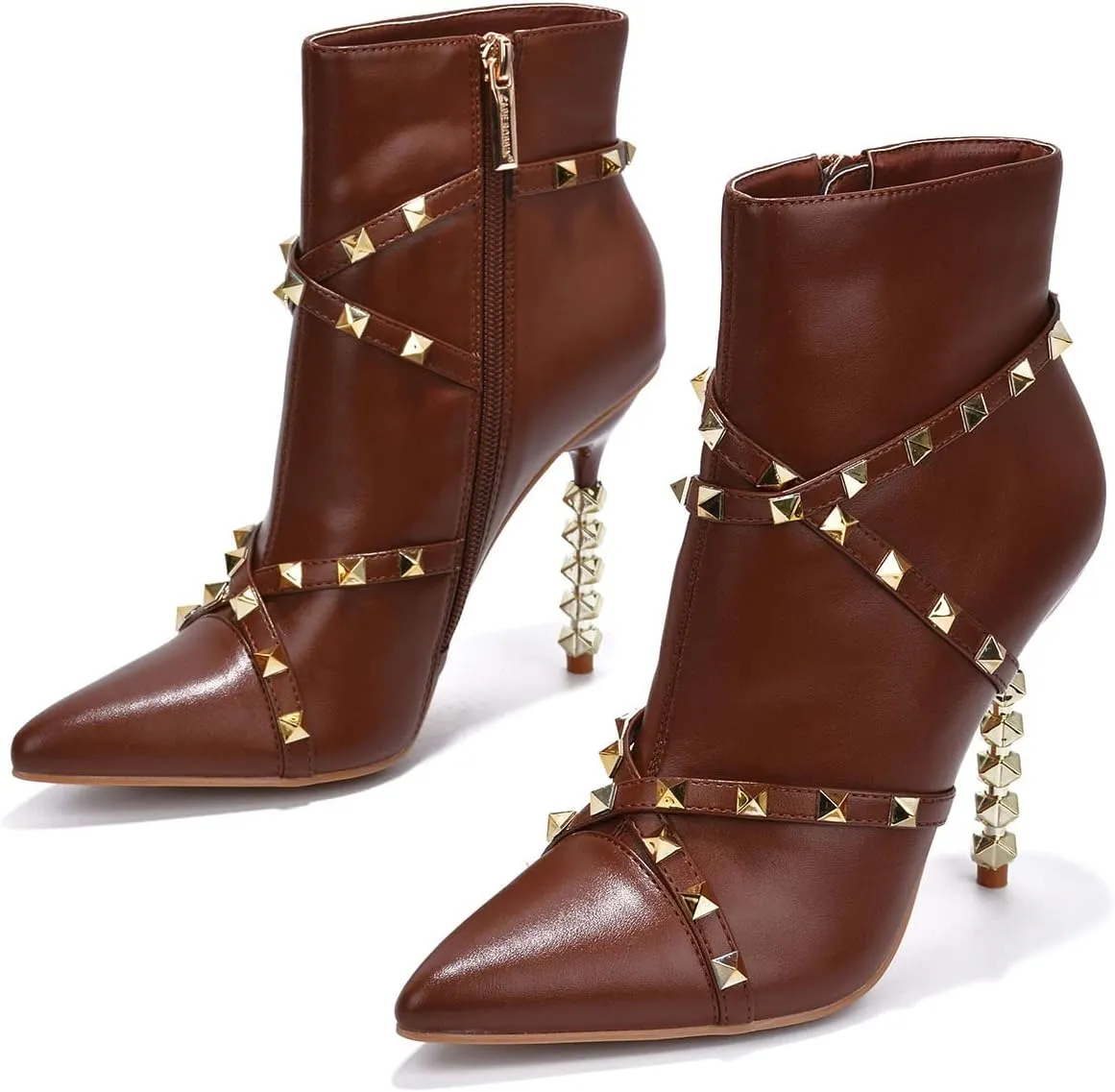 Cape Robbin Ines Sexy Stiletto Sculpted High Heels Booties for Women, Pointed Toe Ankle Booties with Gold Studs
