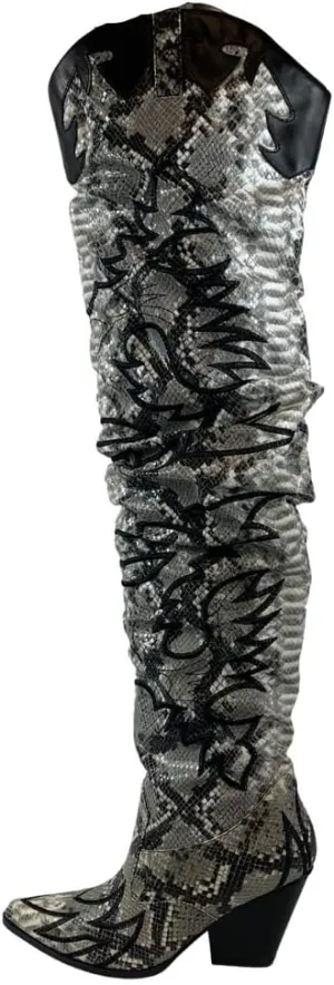 Cape Robbin Kelsey-21 Snake Black Block Heel Over The Knee Western Fashion Boots (Snake Black, 7)