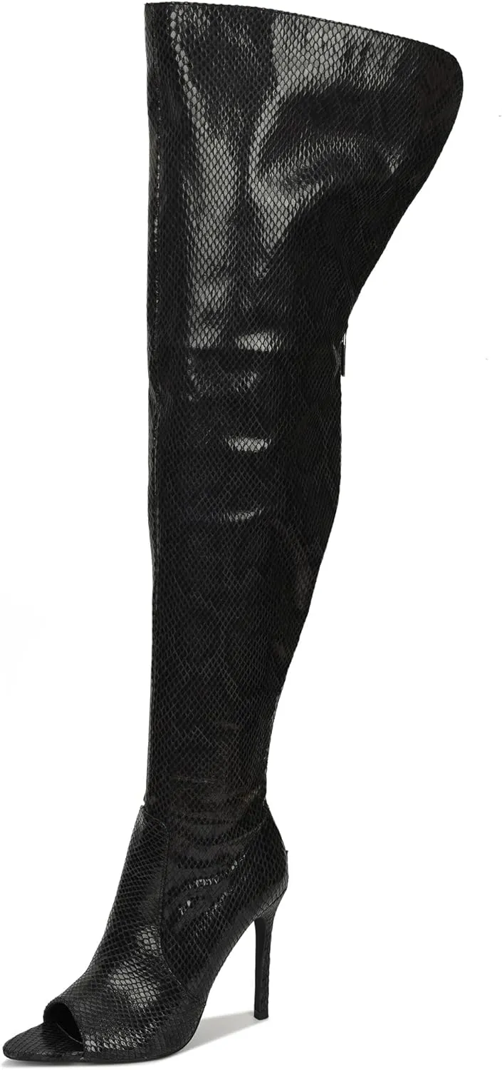 Cape Robbin Toxic Faux Snake Thigh High Over The Knee Boots, Peep Toe Stiletto Heel, Fashion Dress Boots for Women