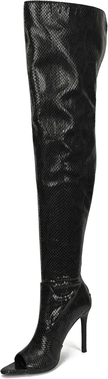 Cape Robbin Toxic Faux Snake Thigh High Over The Knee Boots, Peep Toe Stiletto Heel, Fashion Dress Boots for Women