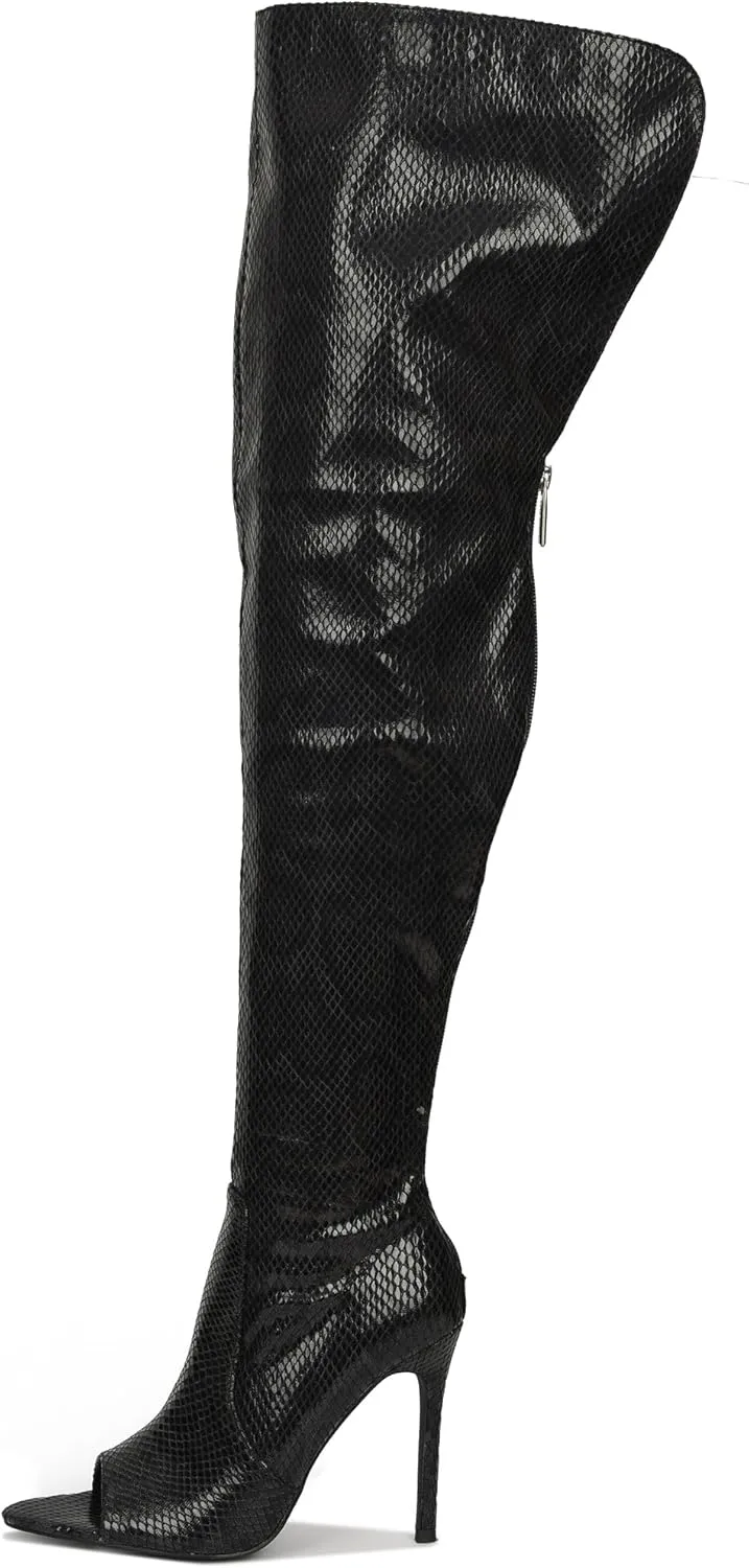 Cape Robbin Toxic Faux Snake Thigh High Over The Knee Boots, Peep Toe Stiletto Heel, Fashion Dress Boots for Women