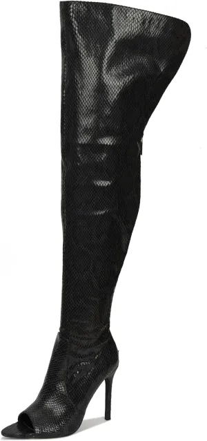 Cape Robbin Toxic Faux Snake Thigh High Over The Knee Boots, Peep Toe Stiletto Heel, Fashion Dress Boots for Women