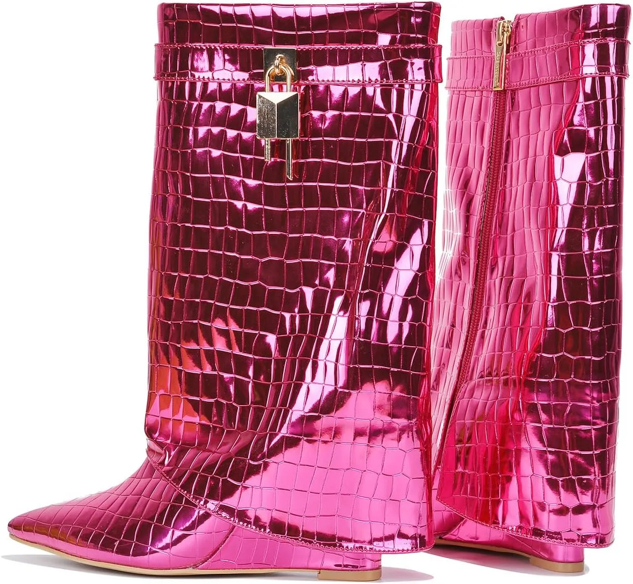 Cape Robbin Womens Lock Detail Zipper Clouser Pointed Toe Mid-Calf Wedge Boot Hadyn
