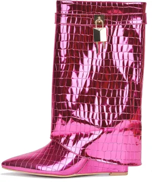 Cape Robbin Womens Lock Detail Zipper Clouser Pointed Toe Mid-Calf Wedge Boot Hadyn