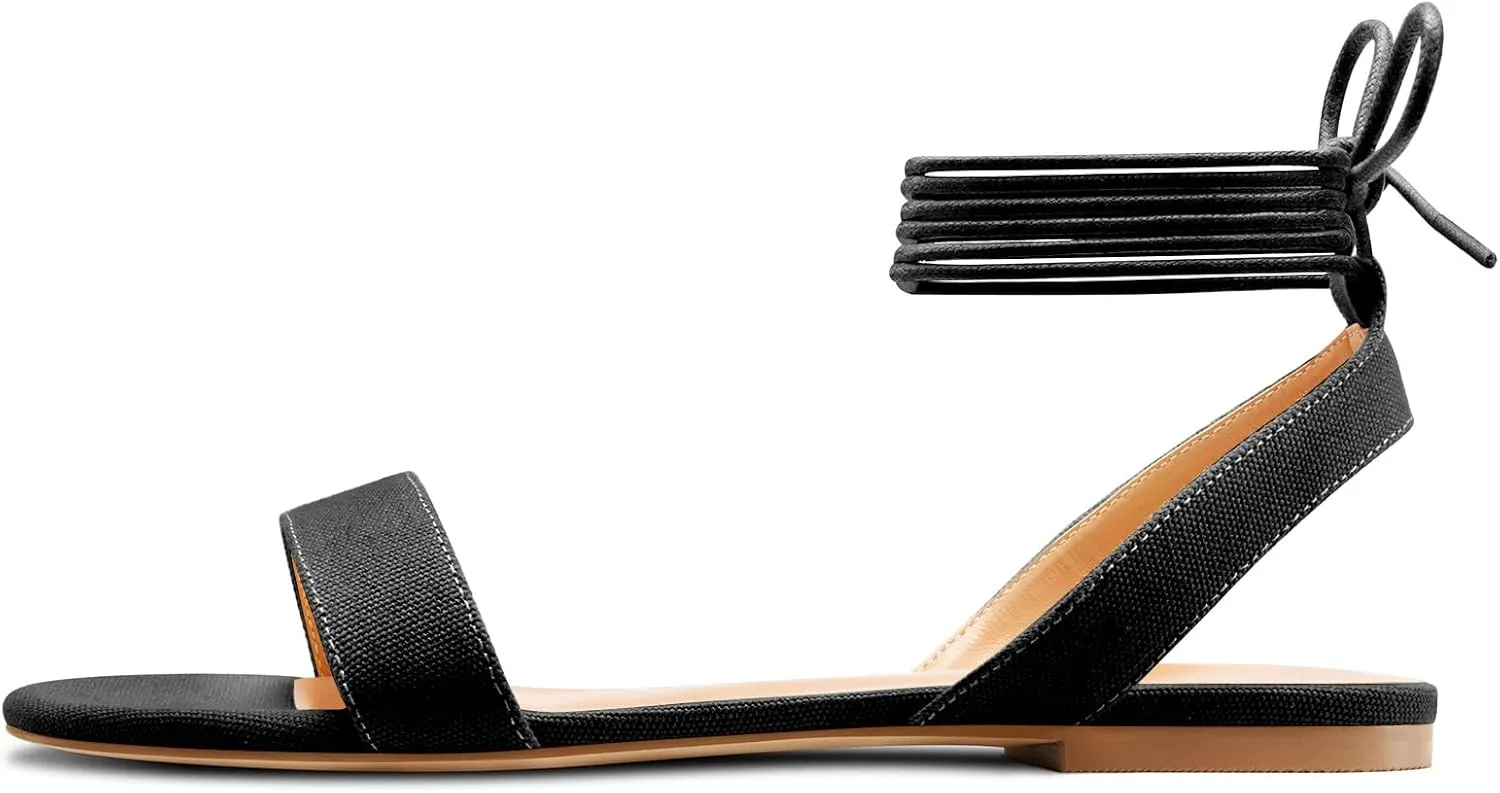 Castamere Womens Low Heel Open Toe Ankle Strap Lace-up Flats Shoes Sandals Casual Basic Classic Denim Summer 0.4 Inches Heels