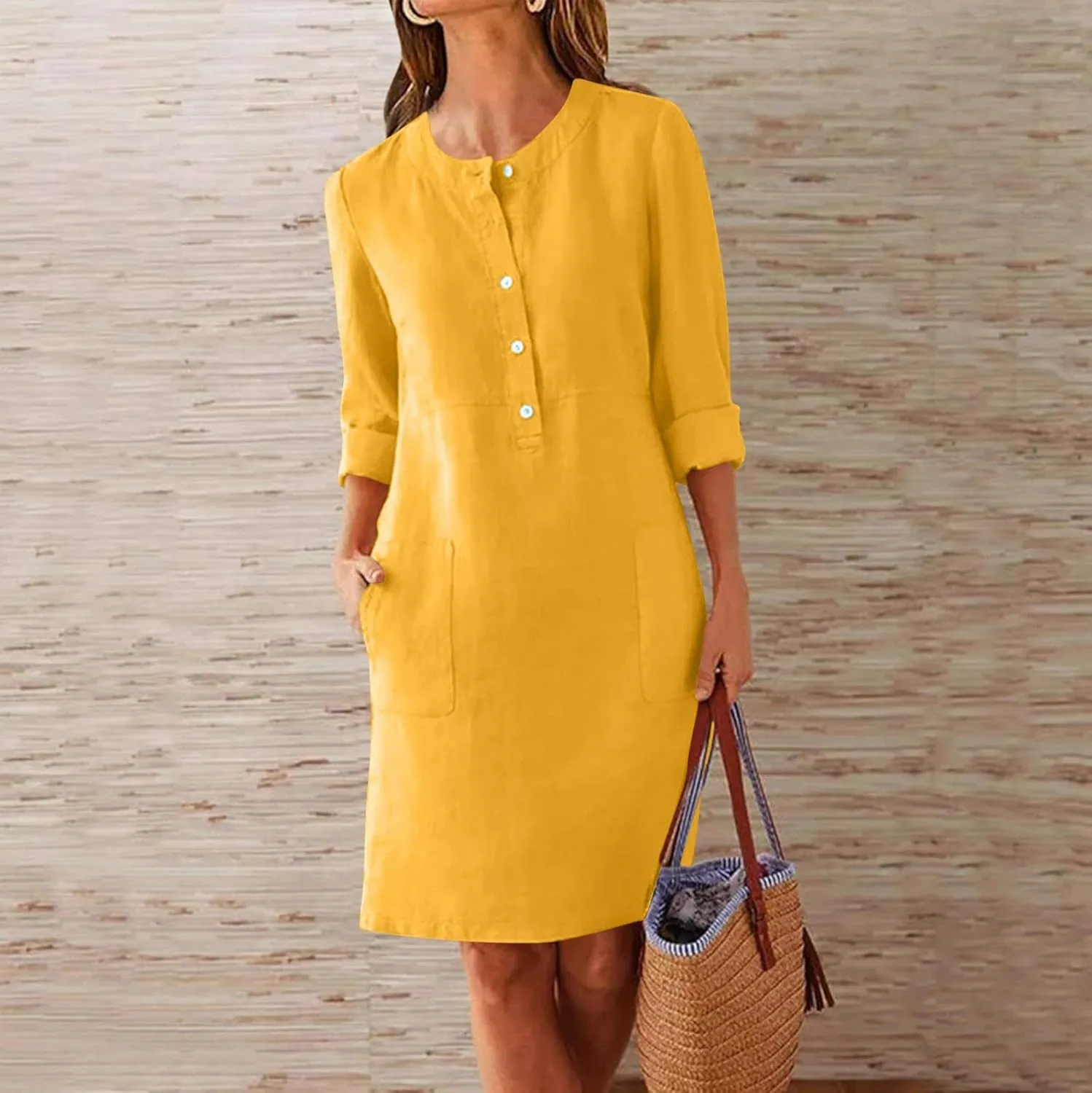 Casual Button Down Dress for Women with Pockets 3/4 Sleeve Shift Dress Shift Summer Casual Work