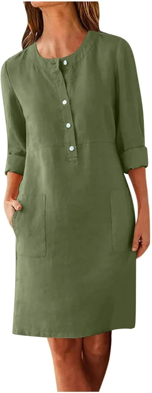 Casual Button Down Dress for Women with Pockets 3/4 Sleeve Shift Dress Shift Summer Casual Work