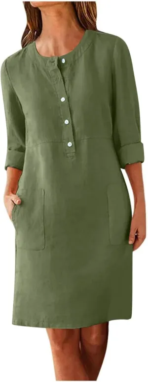 Casual Button Down Dress for Women with Pockets 3/4 Sleeve Shift Dress Shift Summer Casual Work