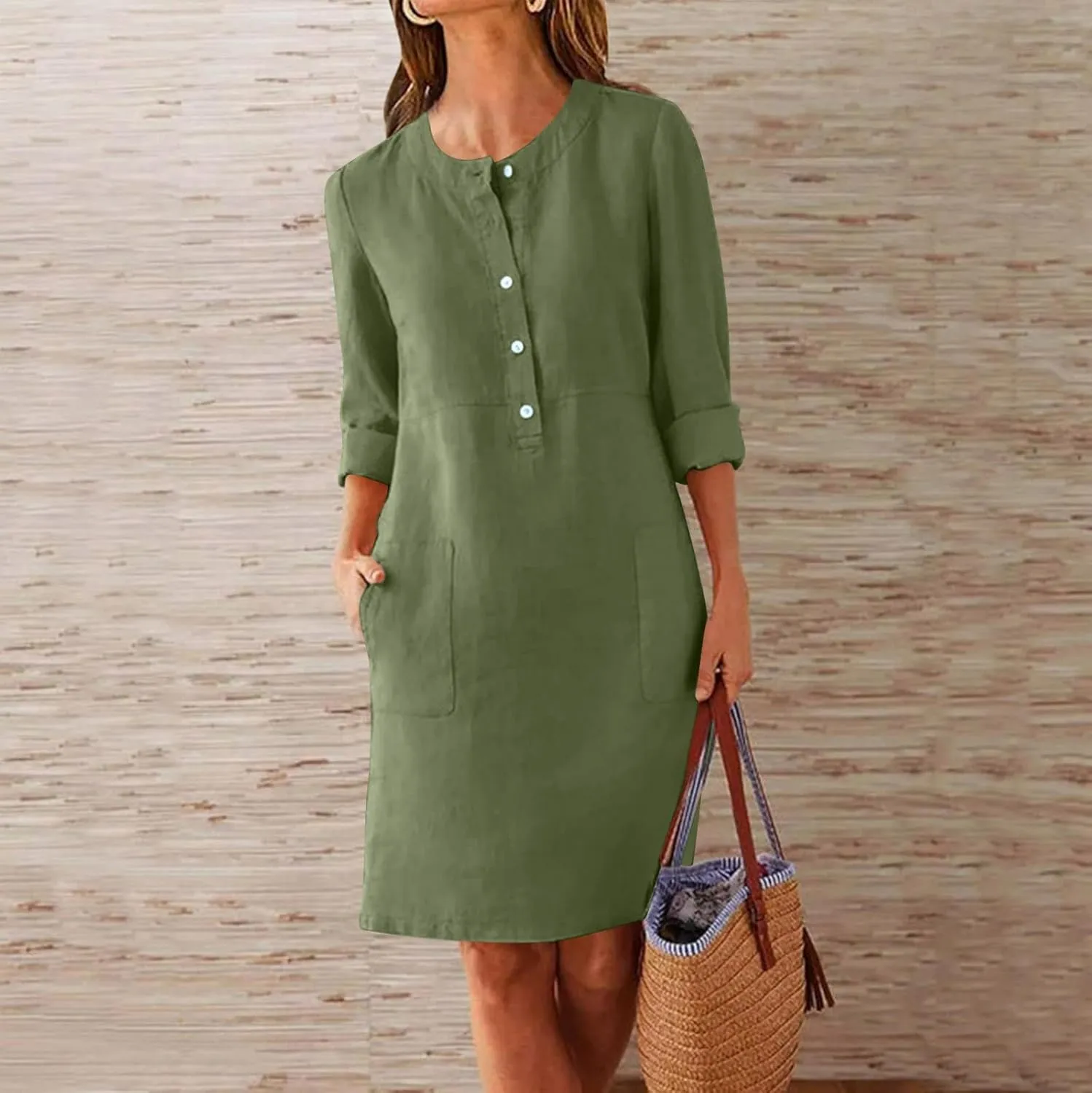 Casual Button Down Dress for Women with Pockets 3/4 Sleeve Shift Dress Shift Summer Casual Work