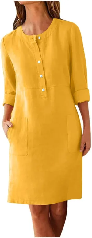 Casual Button Down Dress for Women with Pockets 3/4 Sleeve Shift Dress Shift Summer Casual Work