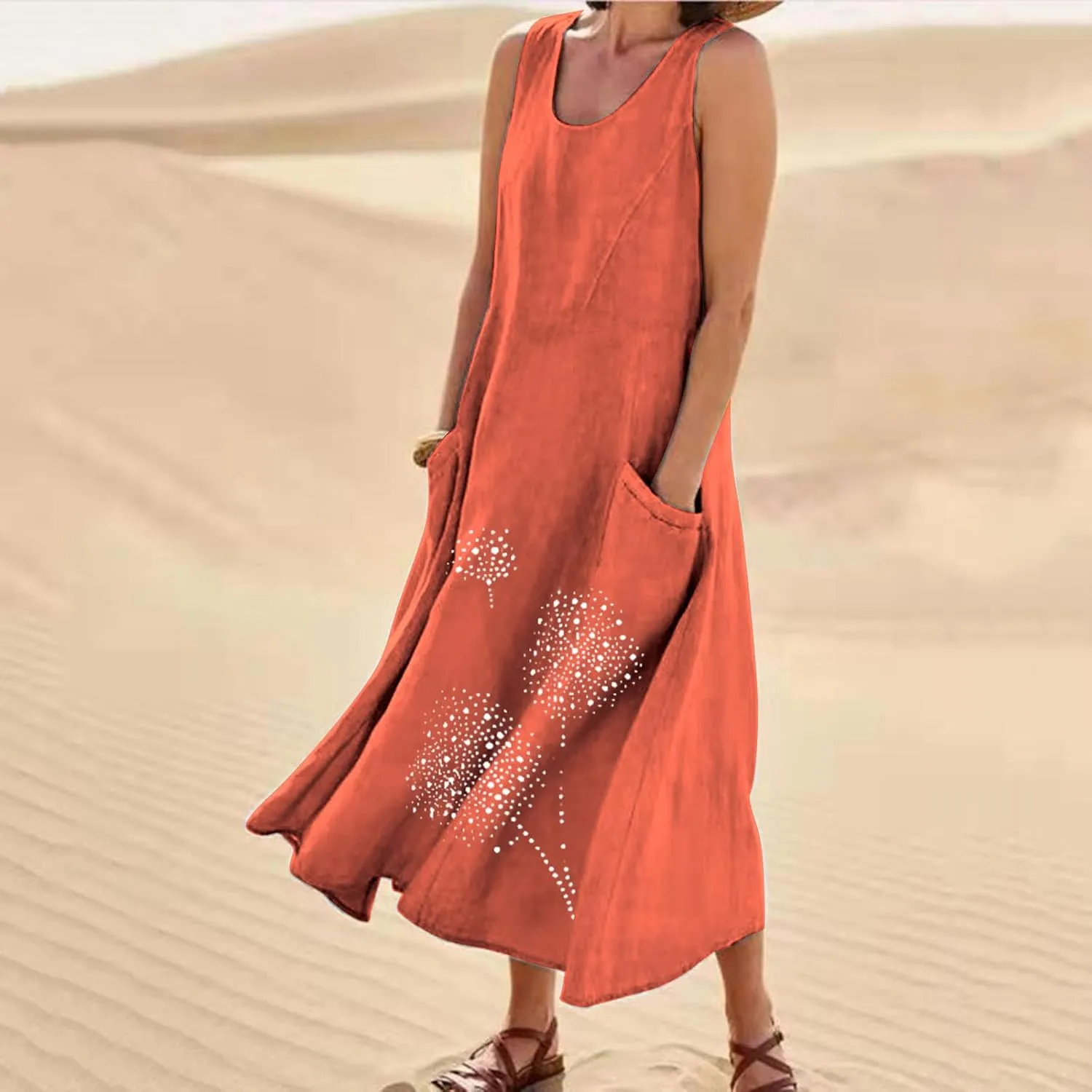Casual Summer Dresses for Women 2024 Plus Size Sleeveless Flowy Beach Long Dress Dandelion Print Tank Sun Dresses