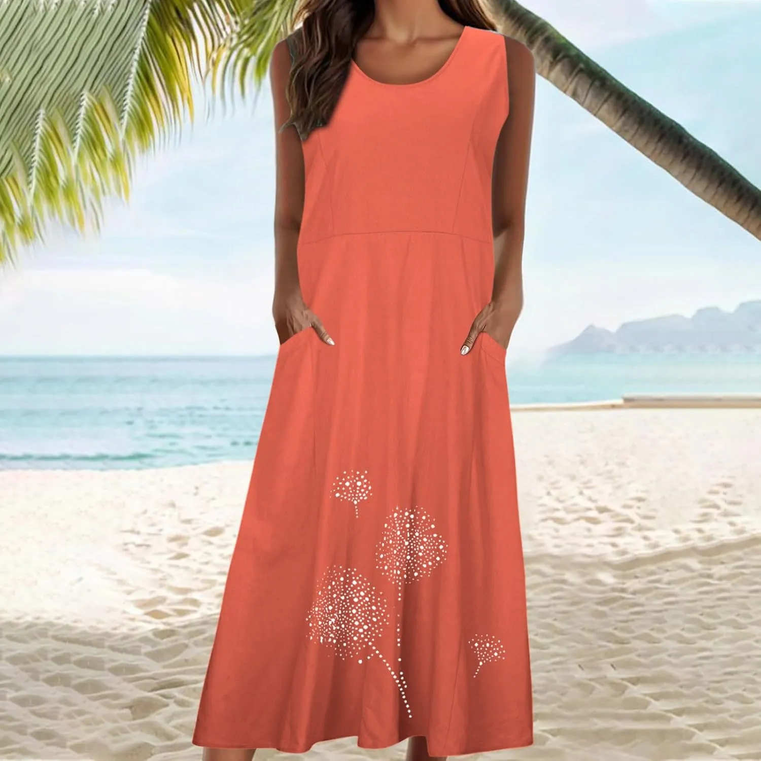 Casual Summer Dresses for Women 2024 Plus Size Sleeveless Flowy Beach Long Dress Dandelion Print Tank Sun Dresses