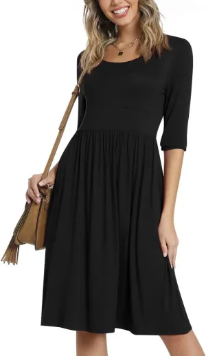 CATHY Women's 3/4 Sleeve 2025 Casual High Waist Round Neck Midi Dress with Pockets