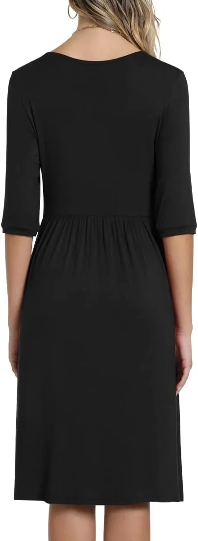 CATHY Women's 3/4 Sleeve 2025 Casual High Waist Round Neck Midi Dress with Pockets