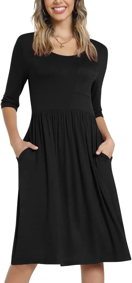 CATHY Women's 3/4 Sleeve 2025 Casual High Waist Round Neck Midi Dress with Pockets