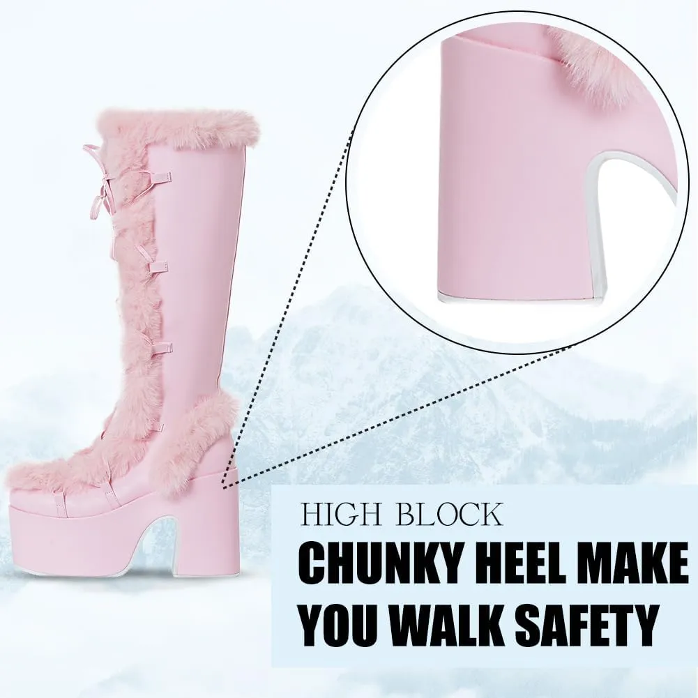 CELNEPHO Knee High Boots For Womens Side Zipper Warm Faux Fur Platform Chunky Heel Punk Goth Walking Winter Snow Boots