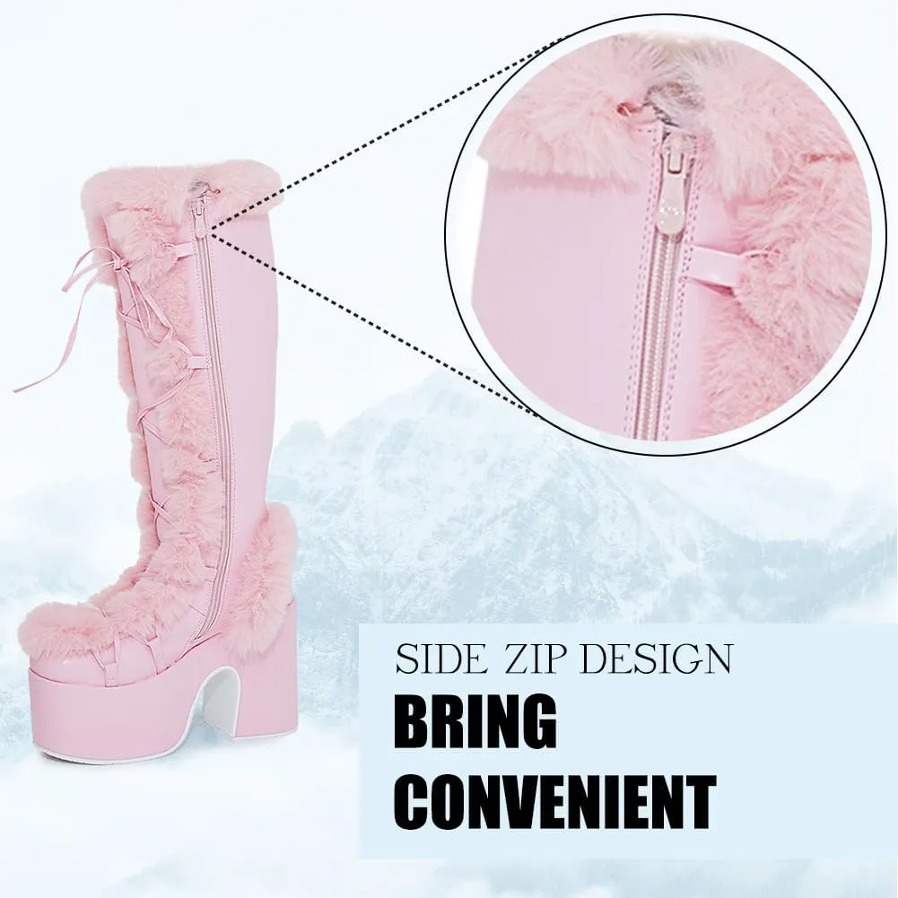 CELNEPHO Knee High Boots For Womens Side Zipper Warm Faux Fur Platform Chunky Heel Punk Goth Walking Winter Snow Boots