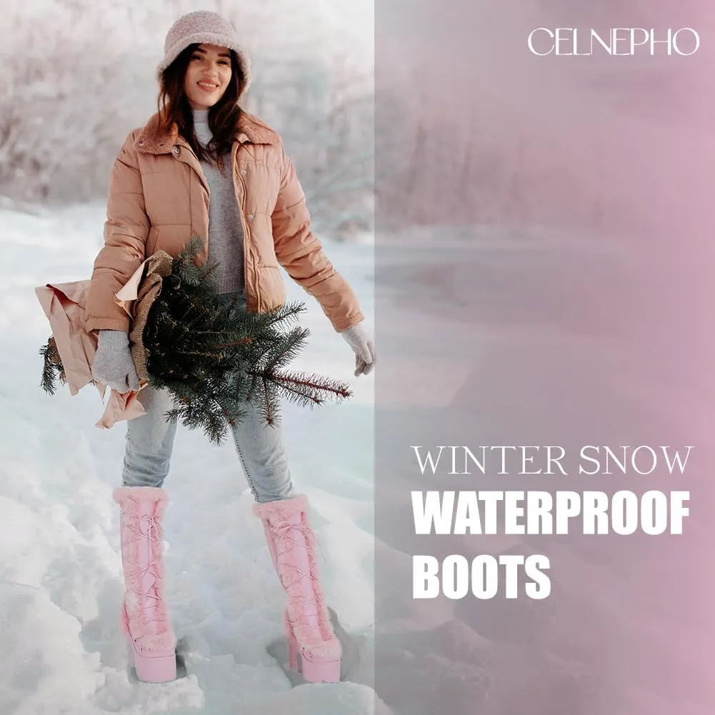 CELNEPHO Knee High Boots For Womens Side Zipper Warm Faux Fur Platform Chunky Heel Punk Goth Walking Winter Snow Boots