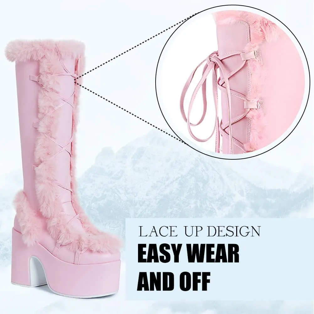 CELNEPHO Knee High Boots For Womens Side Zipper Warm Faux Fur Platform Chunky Heel Punk Goth Walking Winter Snow Boots